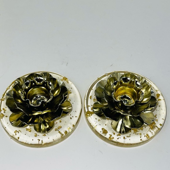 Lot 2 Lucite 12" Candles AND Candleholders gold flakes Enchanto Co of California - Picture 8 of 12